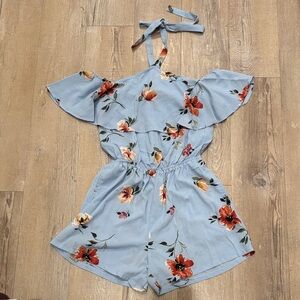 Mimi Chica Blue Floral Romper with Tie Neck